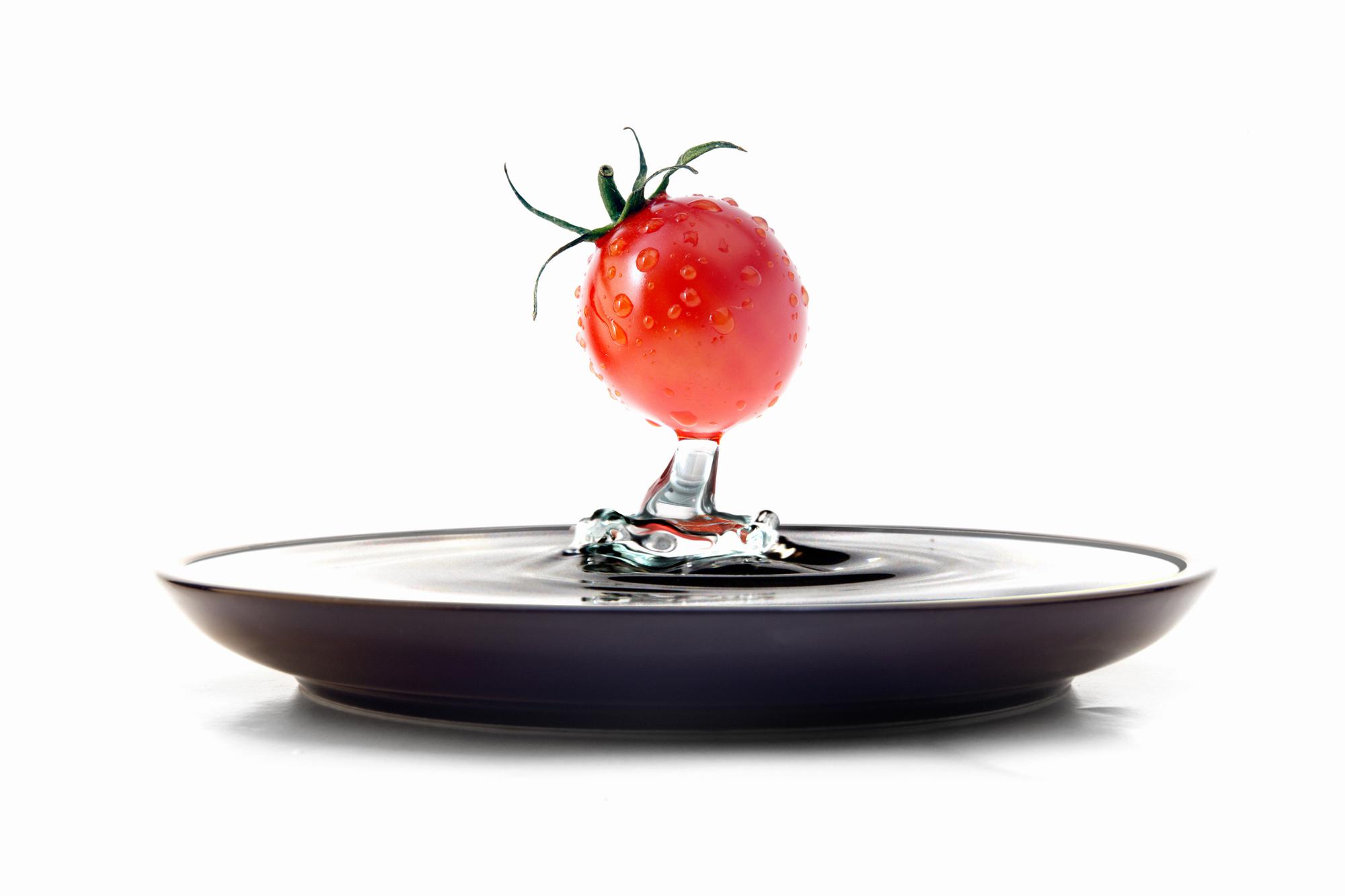 Large editorial shot of plated experimental dish on metal table